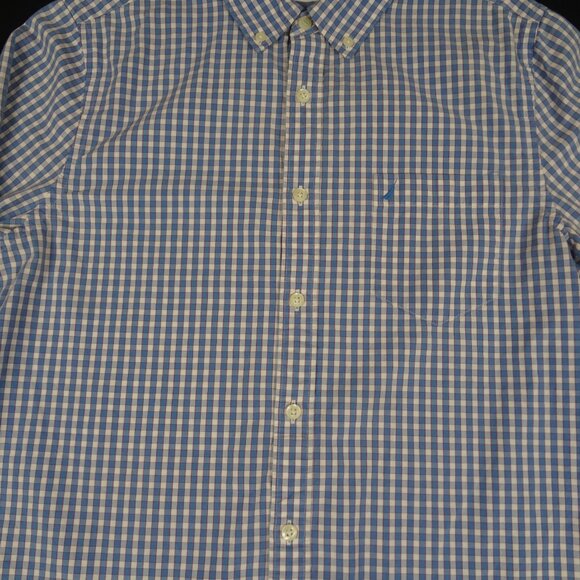 NAUTICA BLUE CHECKERS PLAID BUTTON UP MENS SLIM FIT MEDIUM SHIRT L191 - Picture 3 of 7